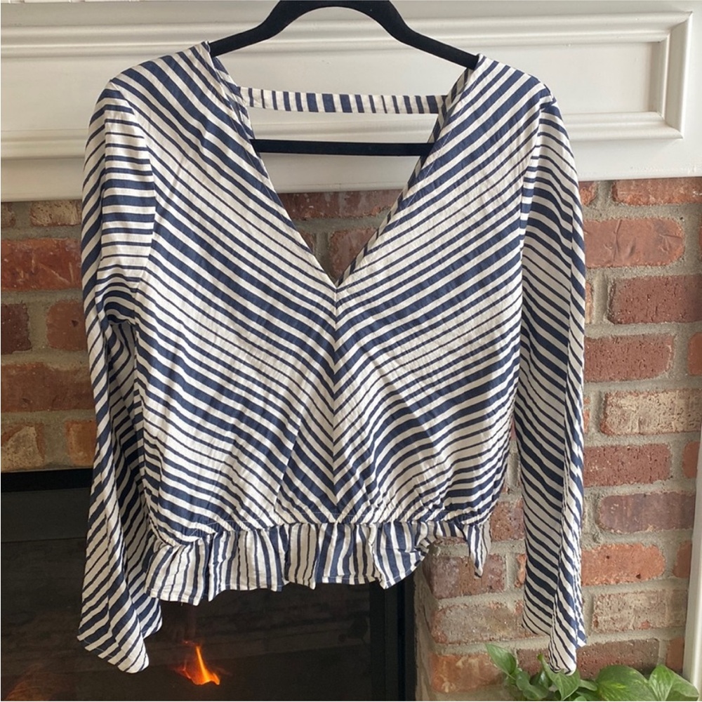 Express Striped V-Neck Peplum Top - Navy & White